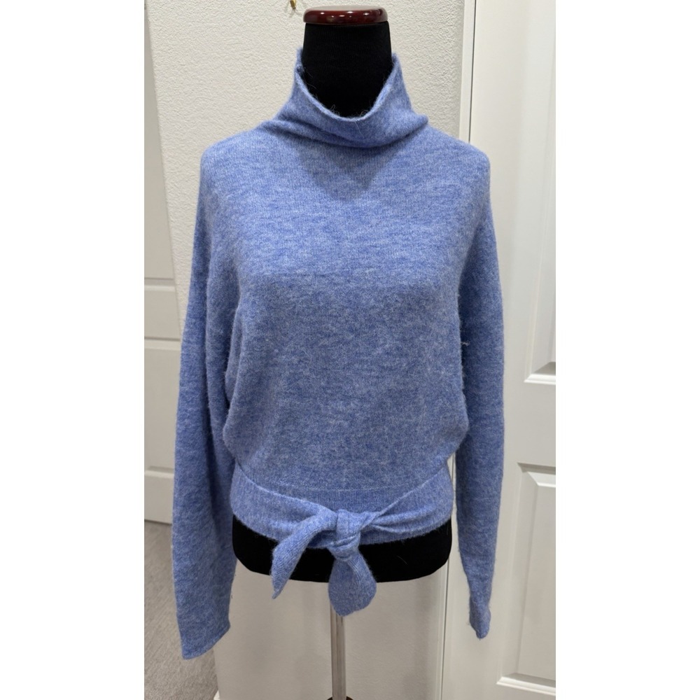 Aritzia Wilfred Lorin Sweater XS Alpaca Lt Blue Funnel Neck Knit Tie Front
